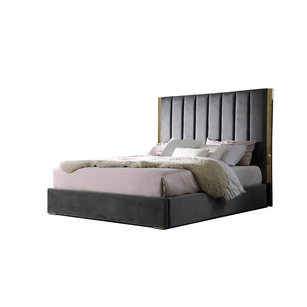 Cama con Plataforma King de Terciopelo Gris Oscuro Jalen con Detalles Dorados