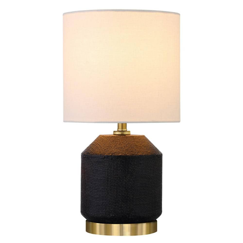 Evelyn&Zoe Esther 15" Tall Textured Ceramic Mini Lamp with Fabric Shade, Matte Black/Antique Brass/White