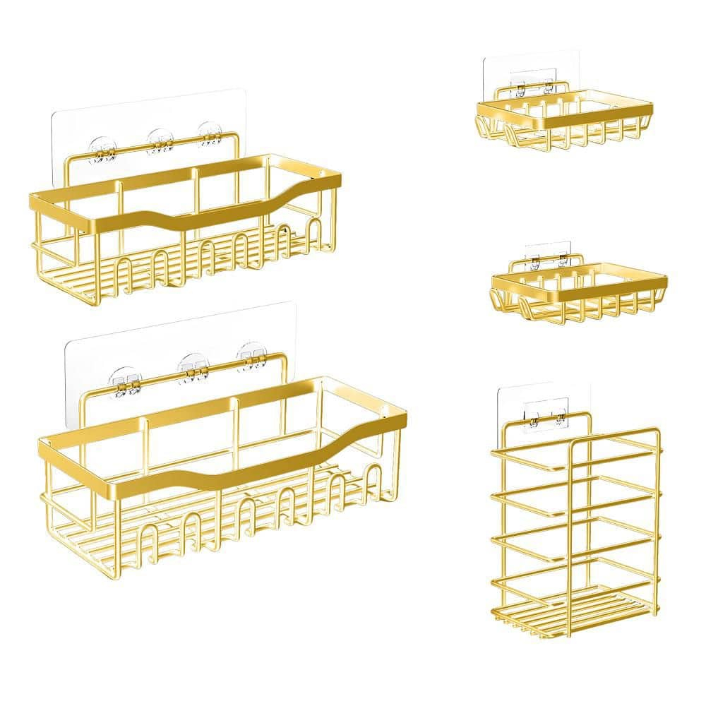 Fab Glass and Mirror 5-Pack Shower Caddy, Gold - Shower Organizer & Shelves for Efficient Storage, Bathroom Caddy for Wall Organizer, Durable Showers Wall Caddy