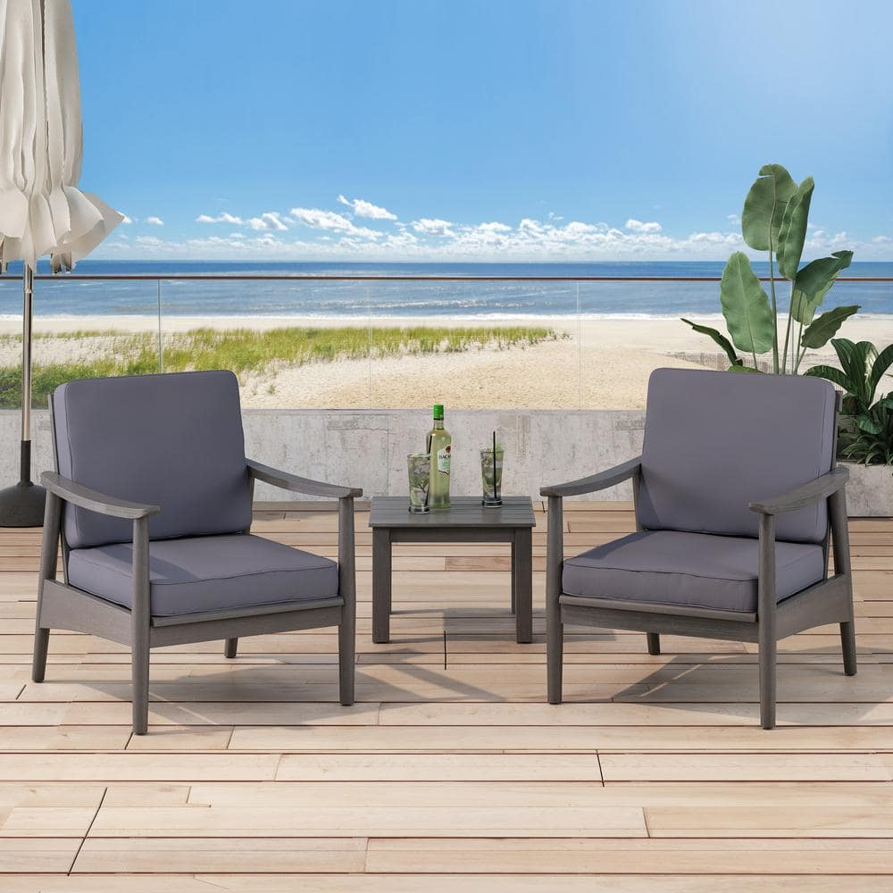 Greta Acacia Wood Outdoor Club Chair with Dark Gray Cushion, Set of 2, Black