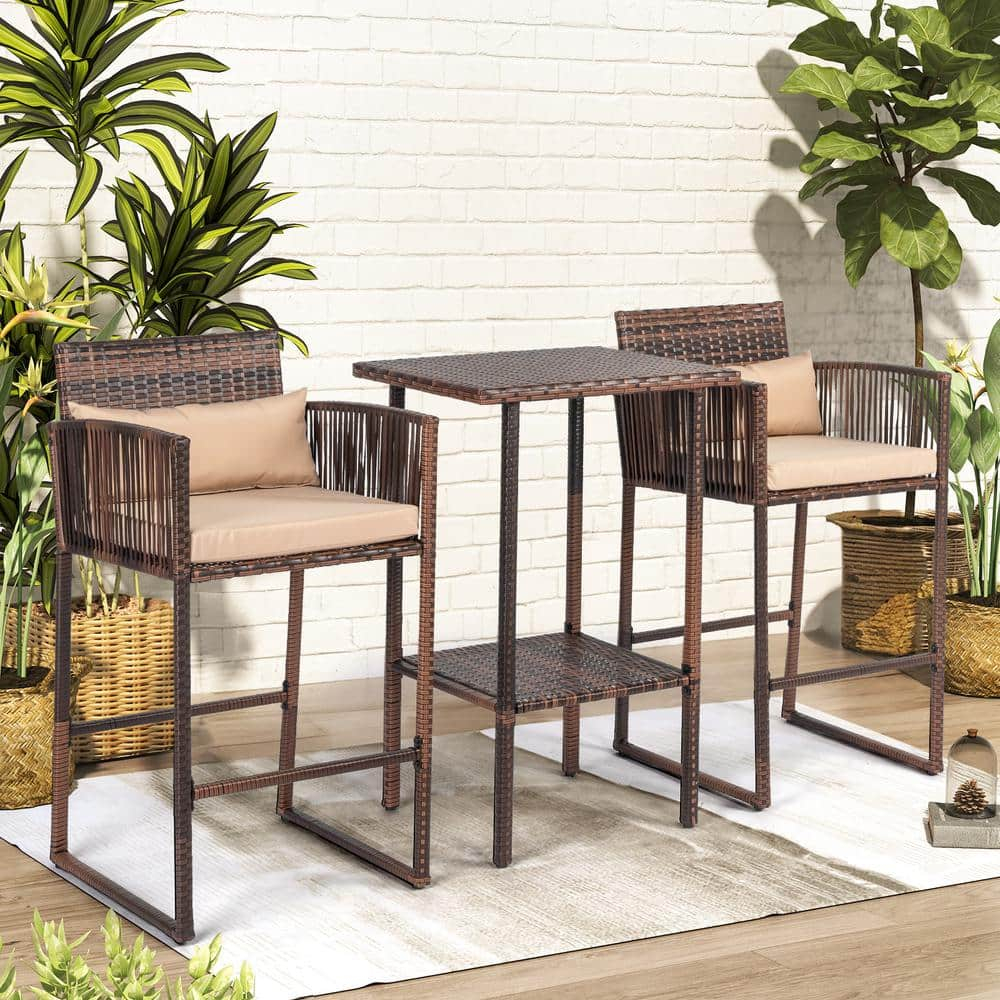 Tcbosik Outdoor 3 Piece Patio Bar Set, Rattan High Bar Stools for 2 with Cushions, Armrest and Backrest, Wicker Bar Table with Storage Shelf, Brown
