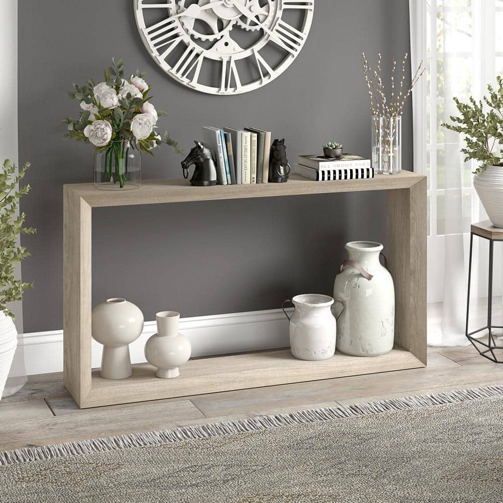 Evelyn&Zoe Osmond 55" Wide Rectangular Console Table, Antiqued Gray Oak