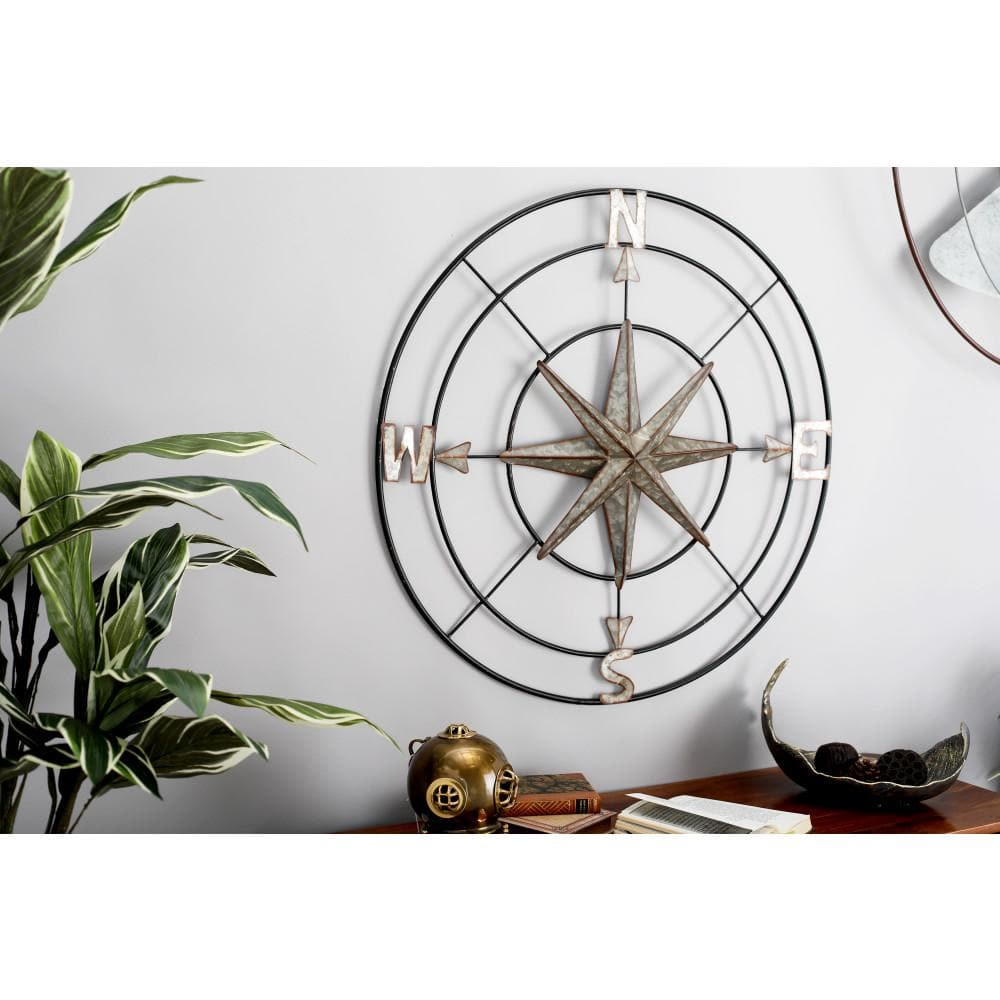 DecMode Farmhouse Metal Compass Shaped with 3D 8 Point Star Wall Décor, 32"D with Metallic Silver Galvanized Finish
