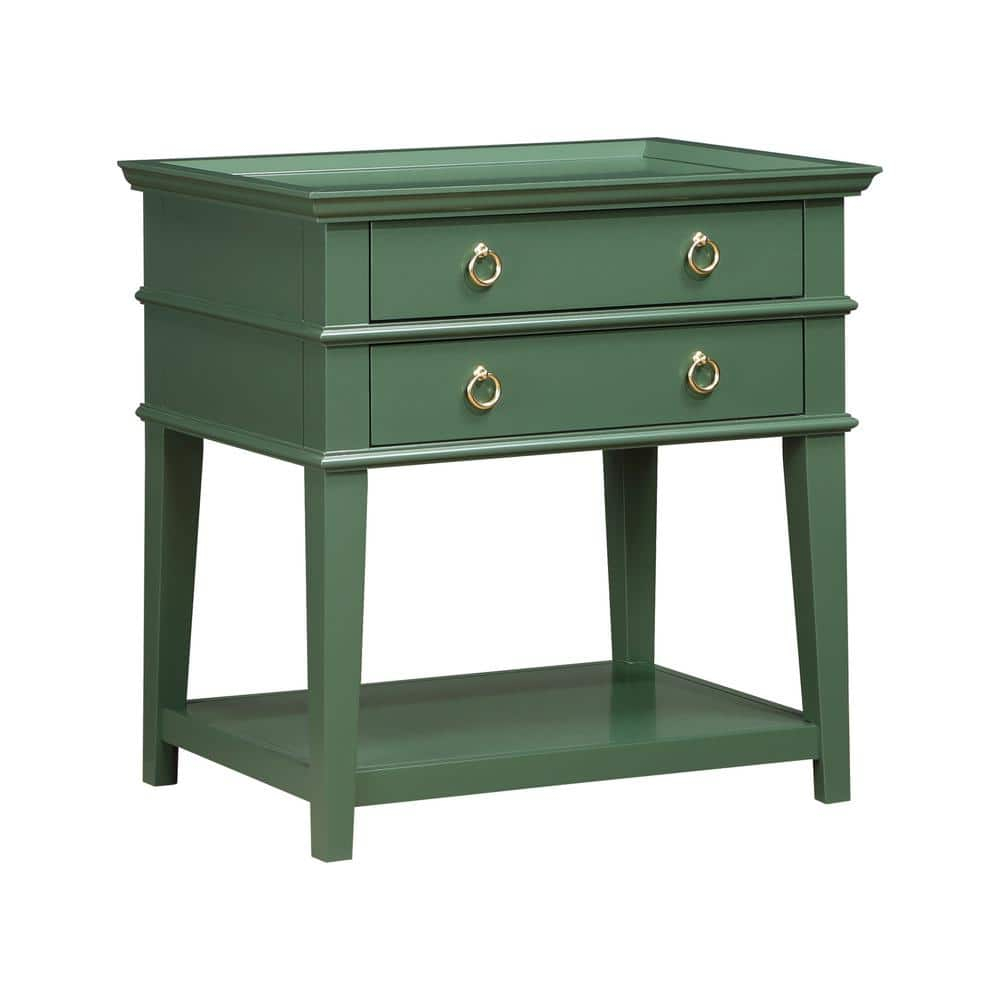 Comfort Pointe Clara Vintage Green Wood 2-Drawer Tray Top Nightstand
