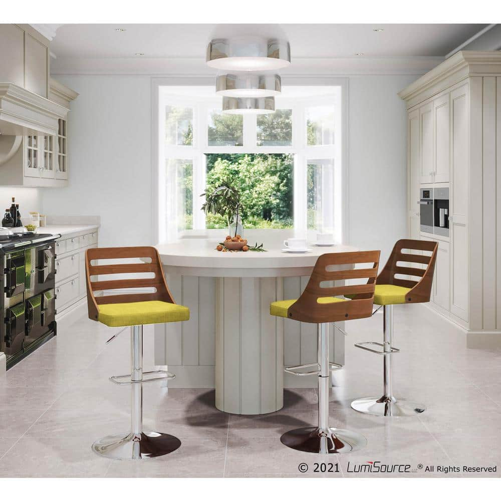 Contemporary Walnut and Green Adjustable Swivel Barstool