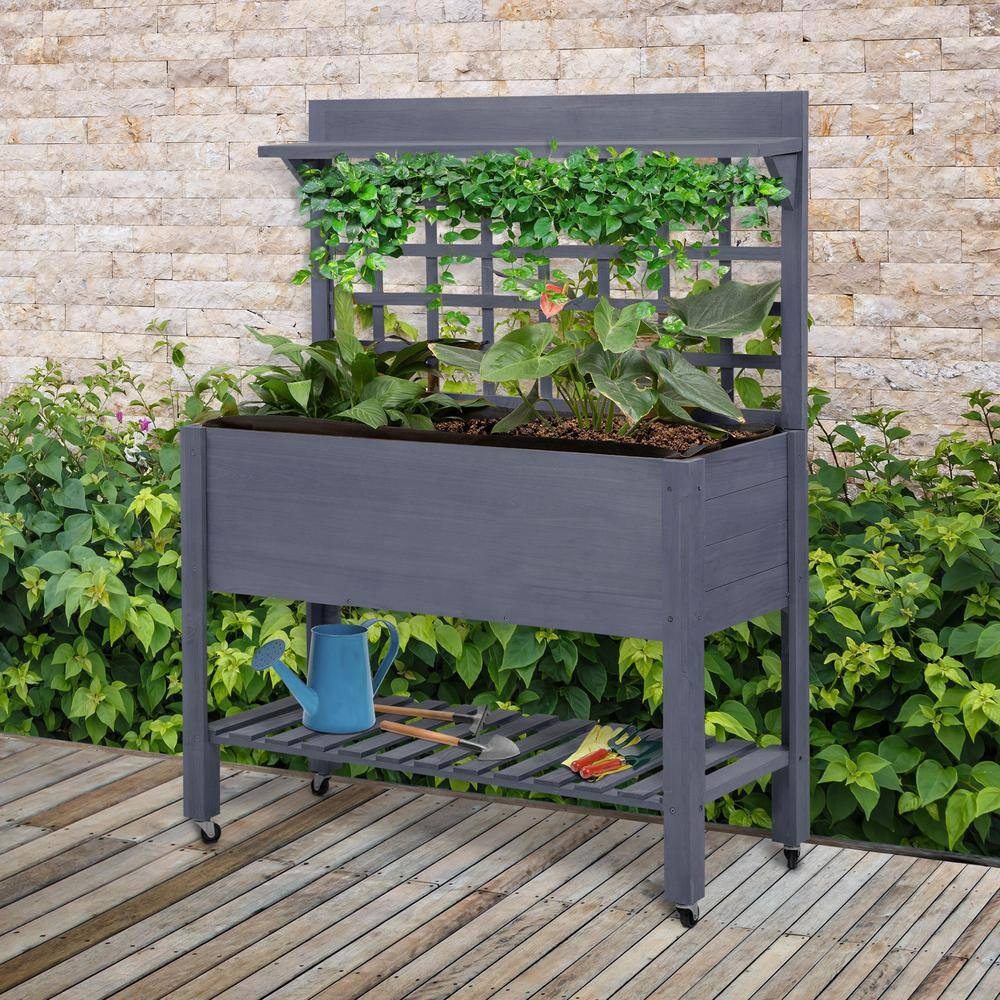 Gray Wood Raised Garden Bed with Trellis and Wheels