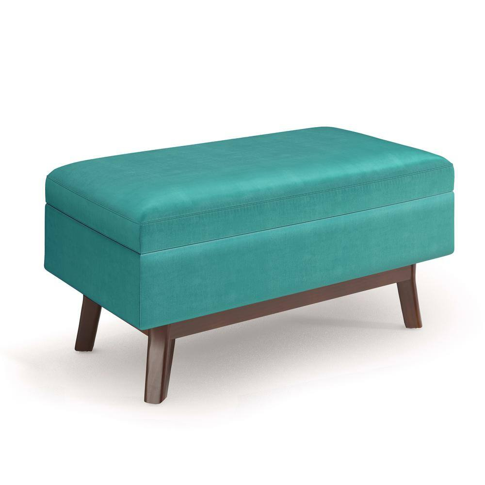 Simpli Home Owen 36 inch Wide Mid Century Modern Rectangle Small Rectangular Storage Ottoman in Aqua Blue Velvet Fabric