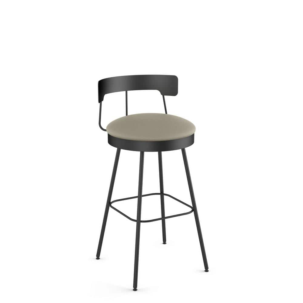Greige Faux Leather Swivel Bar Stool with Black Metal Base