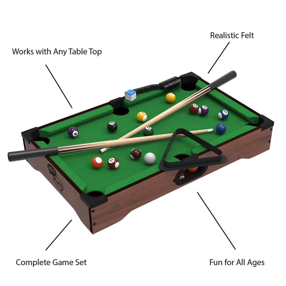 Mini Pool Table - 20-Inch Portable Tabletop Billiards Game with Cue Balls, Sticks, Chalk, Brush, and Triangle Rack - Table Games by Hey! Play!