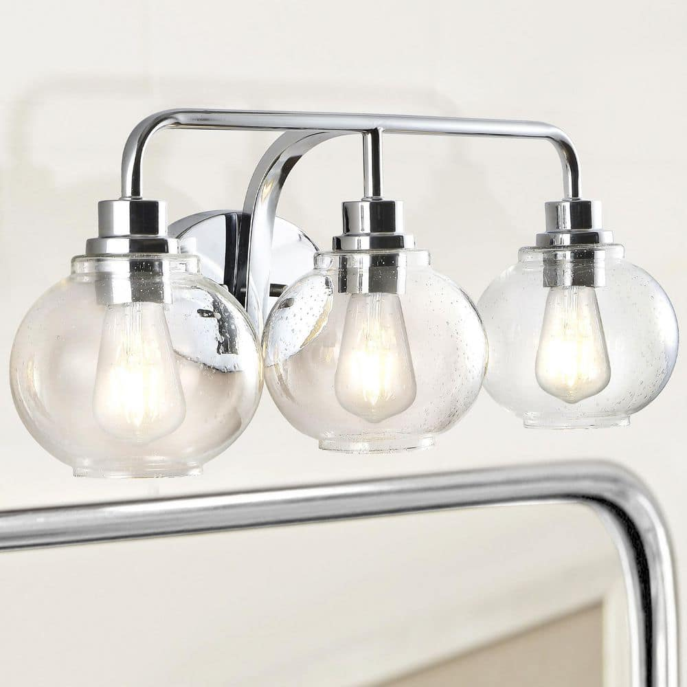 JONATHAN Y JYL7528B Sandrine 26.25" 3-Light Iron/Seeded Glass Cottage Rustic LED Vanity Light Classic 2700K LED 4W Bulbs Entryway Lobby Kitchen Bathroom Bedroom Living Room Hallway, Chrome