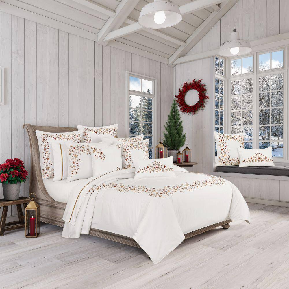 Joyeux White and Red Cotton Full/Queen Holiday Duvet Cover Set