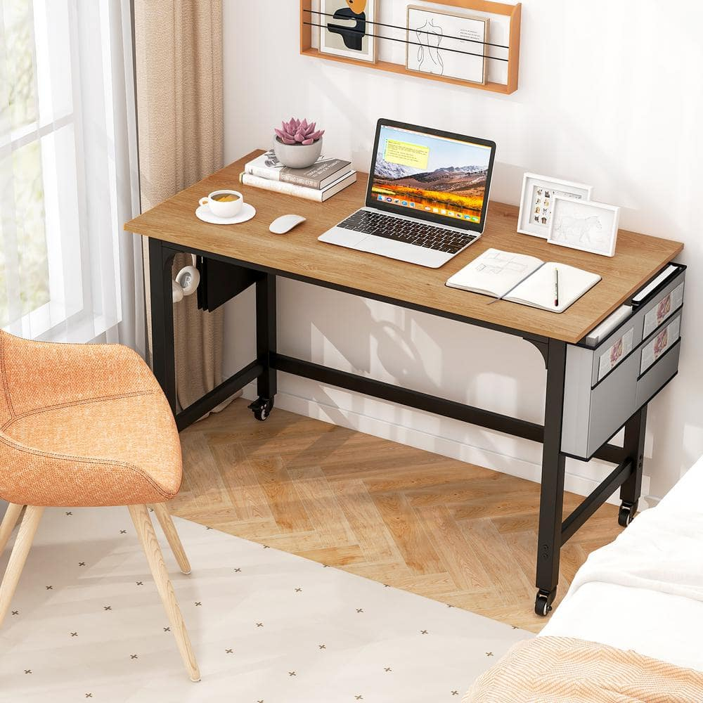 Costway Rolling Computer Desk Metal Frame PC Laptop Table Wood Top Study Workstation