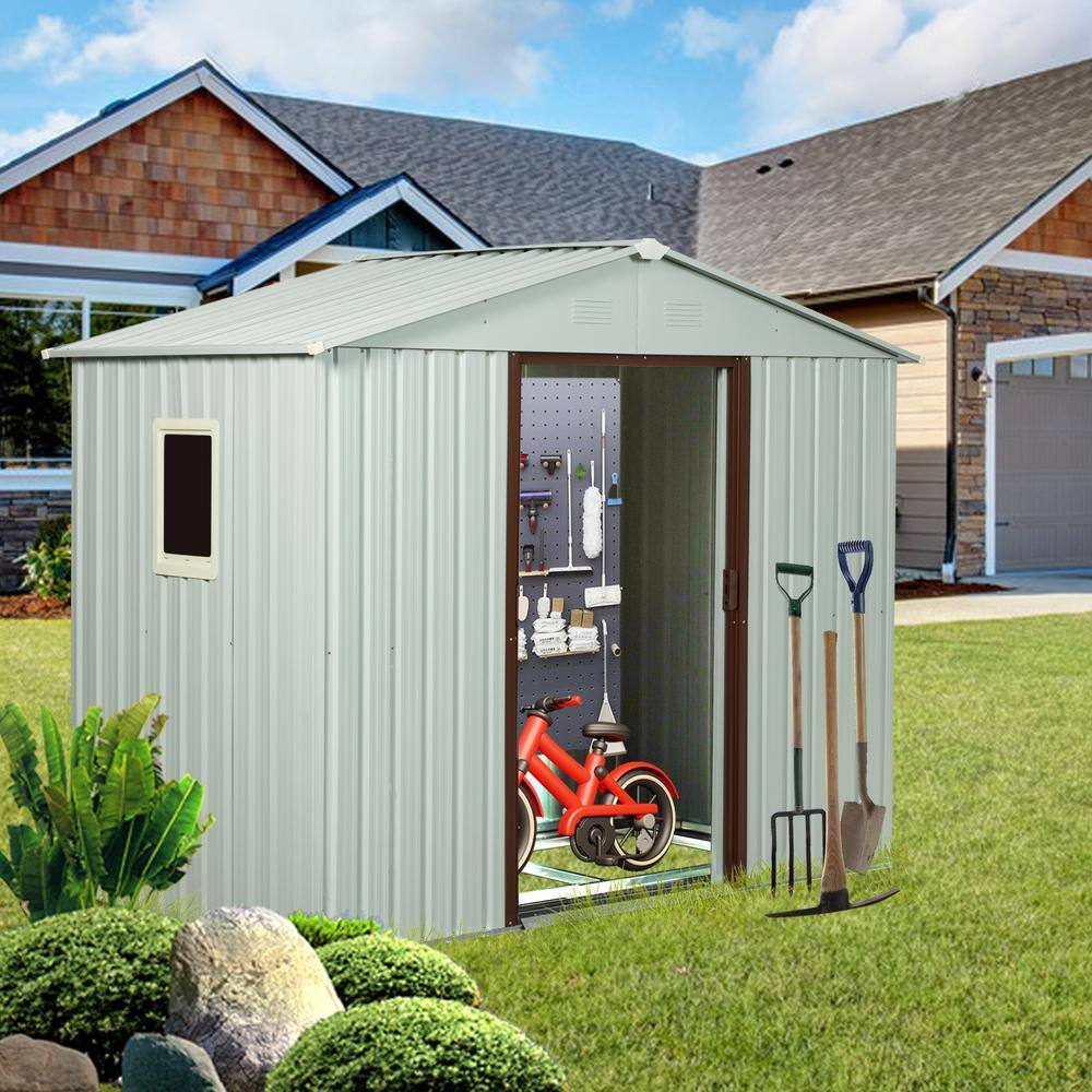 White Metal Outdoor Storage Shed with Window and Double Sliding Doors