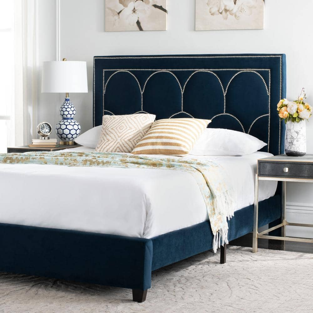 SAFAVIEH Solania Glam Upholstered Bed Frame with Nail Head, Queen, Navy