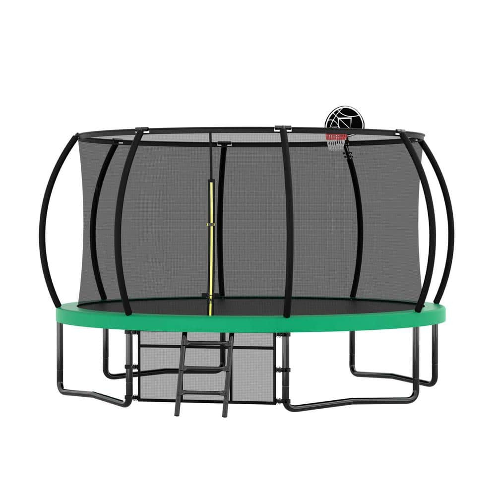12FT Round Trampoline with Basketball Hoop for Kids, Outdoor Recreational Trampolines with Safety Enclosure Net & Ladder, 880 LBS Weight Capacity, Green