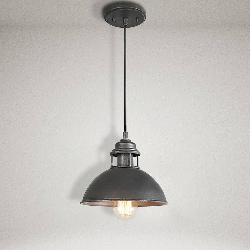 9" Industrial Mini Pendant Light, Brushed Gray Dome Metal Fixture for Kitchen Island or Dining