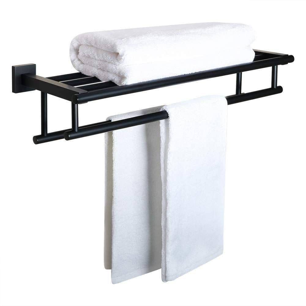 24 Inch Towel Racks for Bathroom, 2 Tire Bathroom Shelf with Towel Bar, Rustproof Wall Mounted Towel Rack SUS304 Stainless Steel, Bathroom Accessories Lavatory Towel Storage - Black