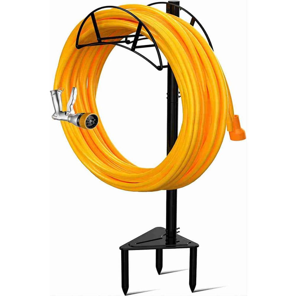 Suchek Metal Garden Hose Holder Stake, Freestanding, Heavy Duty Water Hose Stand, In Ground Hose Rack Organizer for Outside Yard (Black)