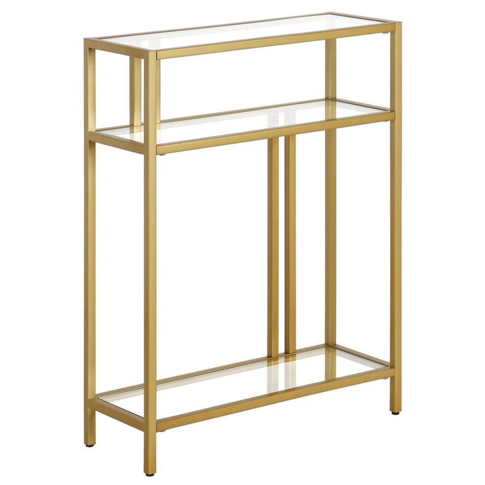 Evelyn&Zoe Cortland 22" Wide Rectangular Console Table with Glass Shelves, Brass