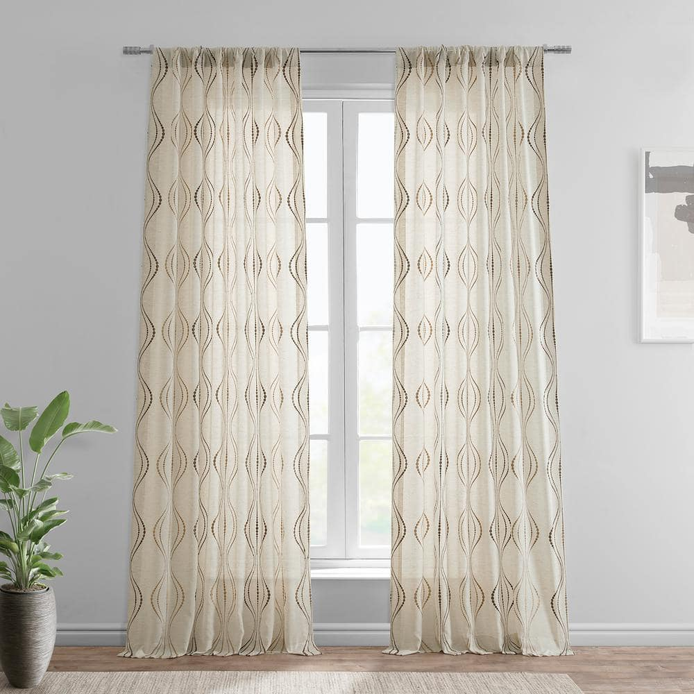 Suez Bronze Embroidered Faux Linen Sheer Curtain (1 Panel), Suez Bronze, 50W X 96L