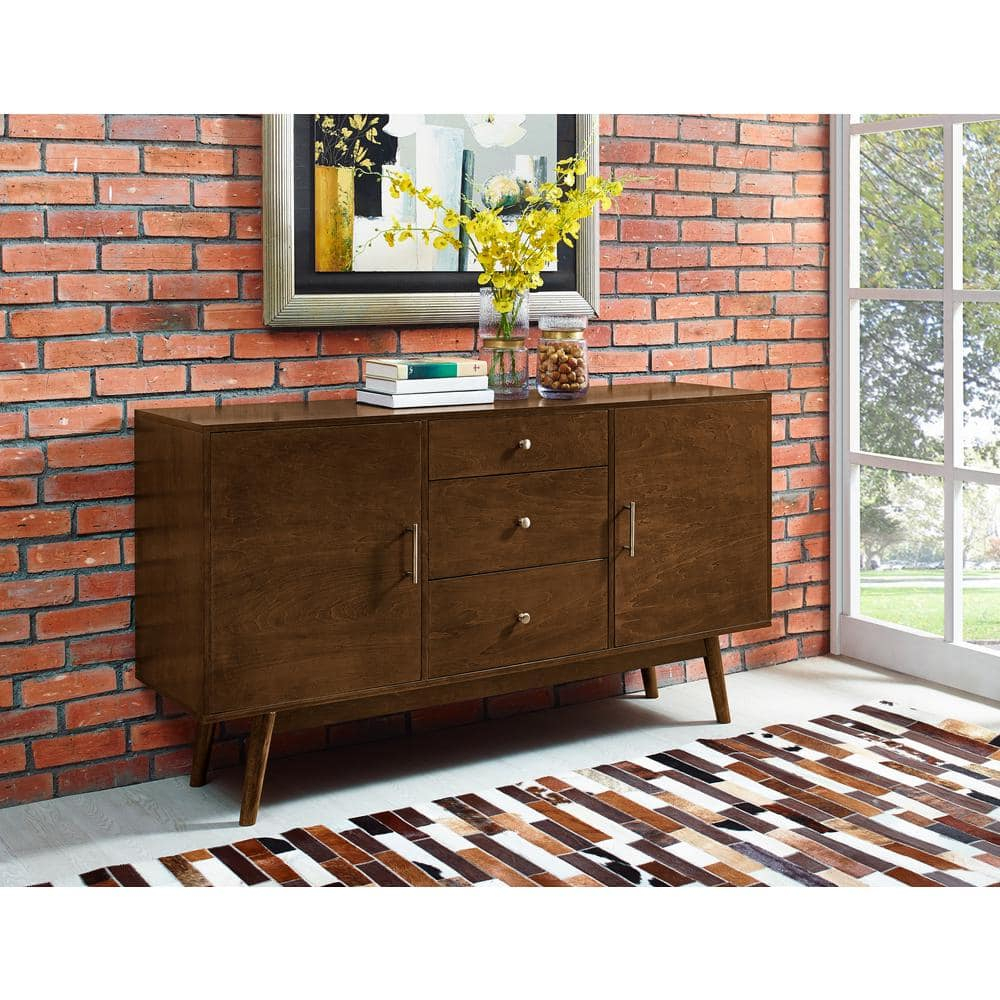 Walker Edison Mid Century Modern-TV Stand Console with 3 Drawers and Closed Cabinet Storage, 60", Walnut