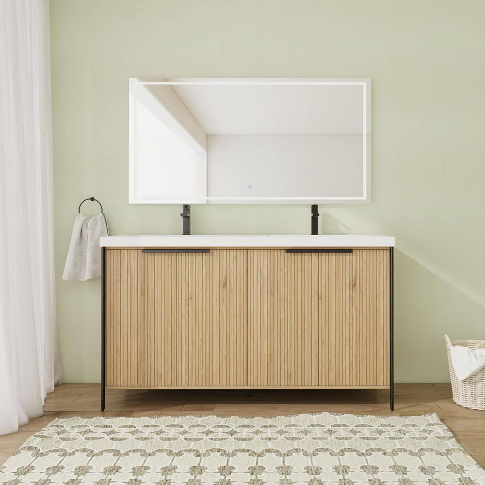 SSLine 24" Bathroom Vanity Cabinet Mid-Century Modern Under-Sink Cabinet Freestanding Bathroom Cabinet with Adjustable Storage Shelves,Natural Brown Stripe (Sink Not Include