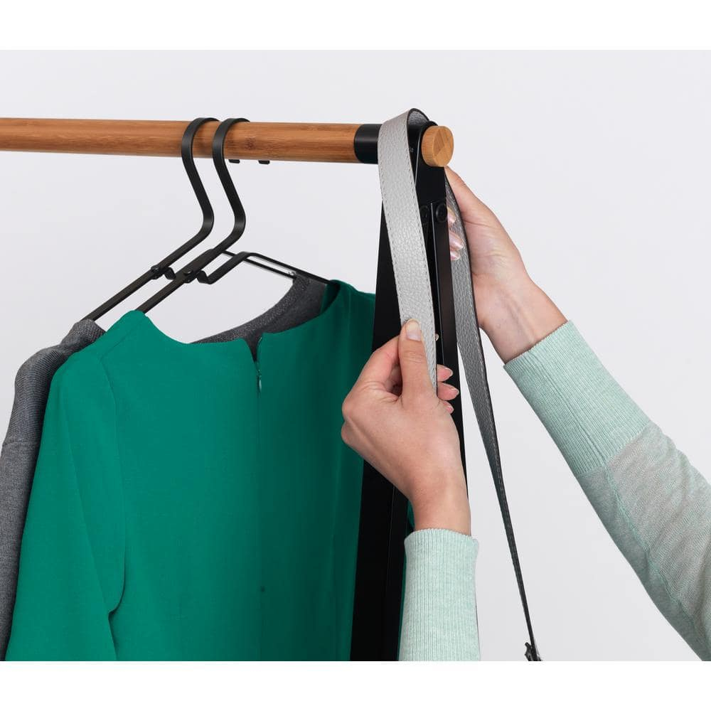 Black Steel and Bamboo Freestanding Garment Rack with Adjustable Shelves