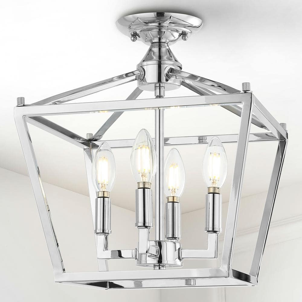 Plains Mini Lantern 12 in. 4-Light Chrome Iron Modern Farmhouse LED Flush Mount