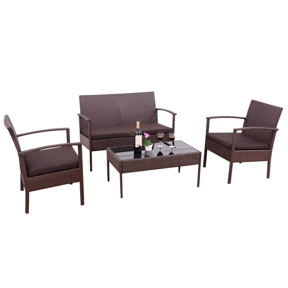 Costway 4PCS Patio Rattan Wicker Furniture Set Loveseat Sofa Cushioned Garden Yard Brown