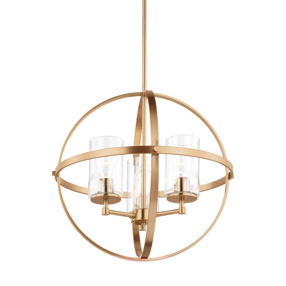 Alturas 3-Light Satin Brass Modern Dining Room Hanging Globe Chandelier with Clear Seeded Glass Shades