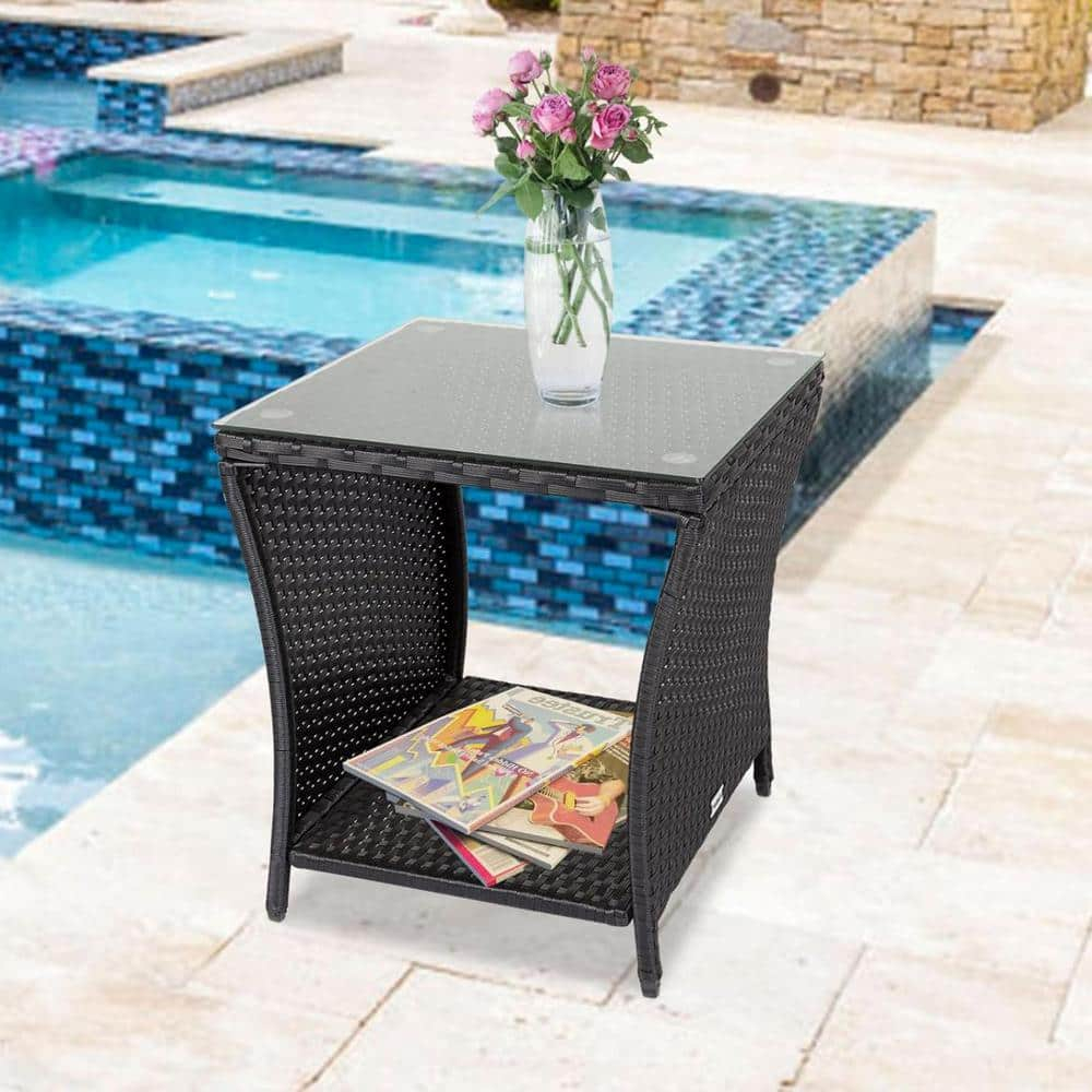 Kinbor Wicker Porch Square Side Table With Storage, Black