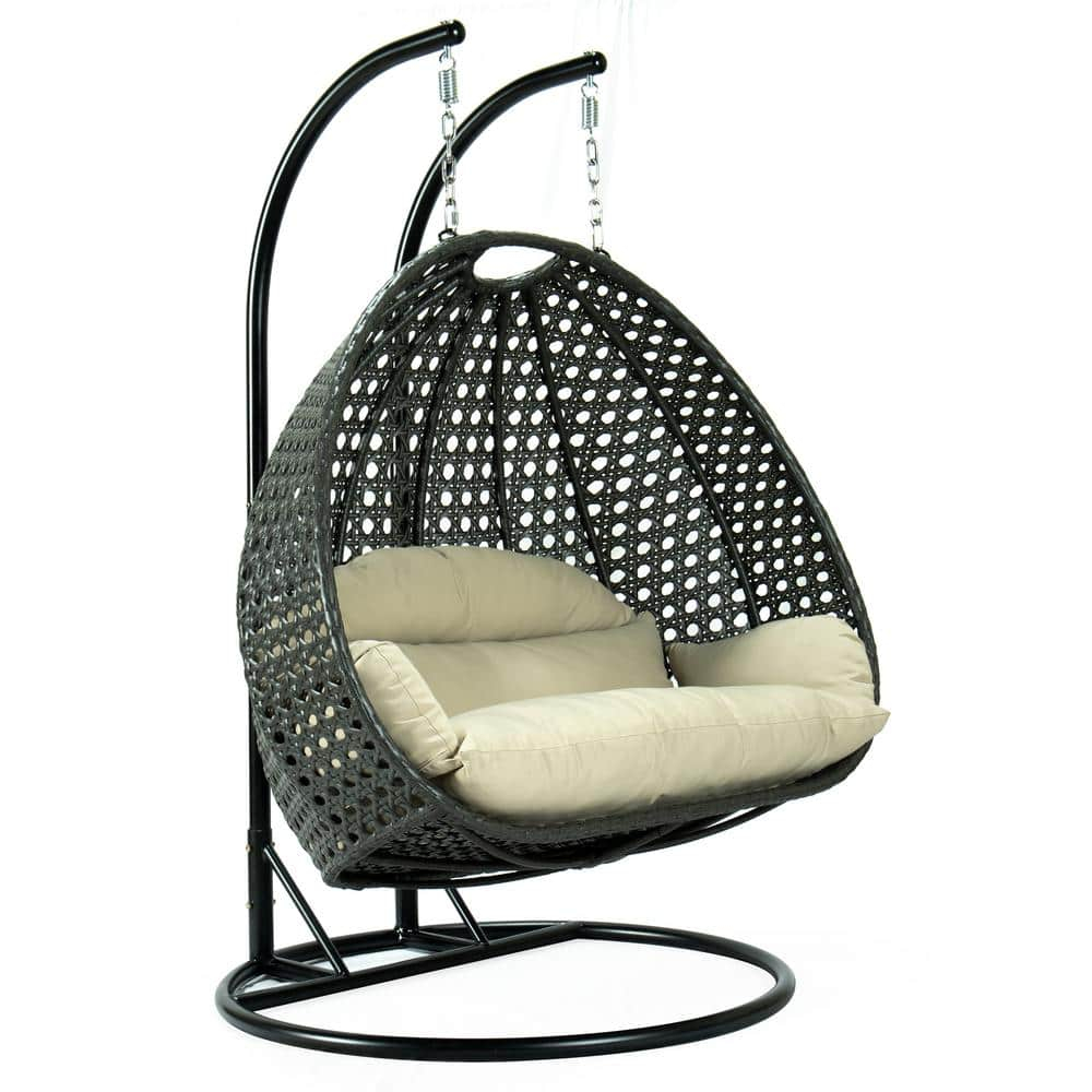 LeisureMod Charcoal Rattan Wicker Double 2 Person Egg Swing Chair with Stand, Taupe Cushion
