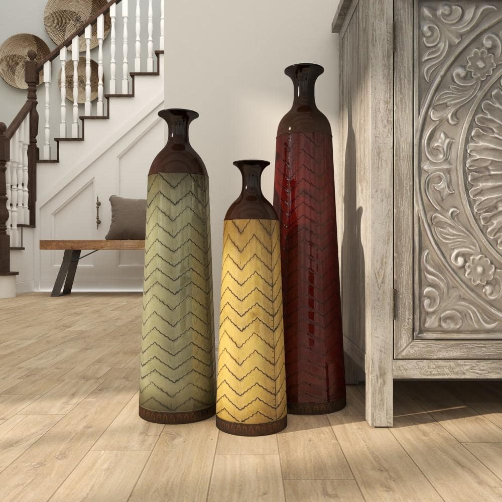 DecMode 32", 27", 22"H Tall Enameled Bottleneck Floor Multi Colored Metal Vase with Chevron Pattern, Set of 3