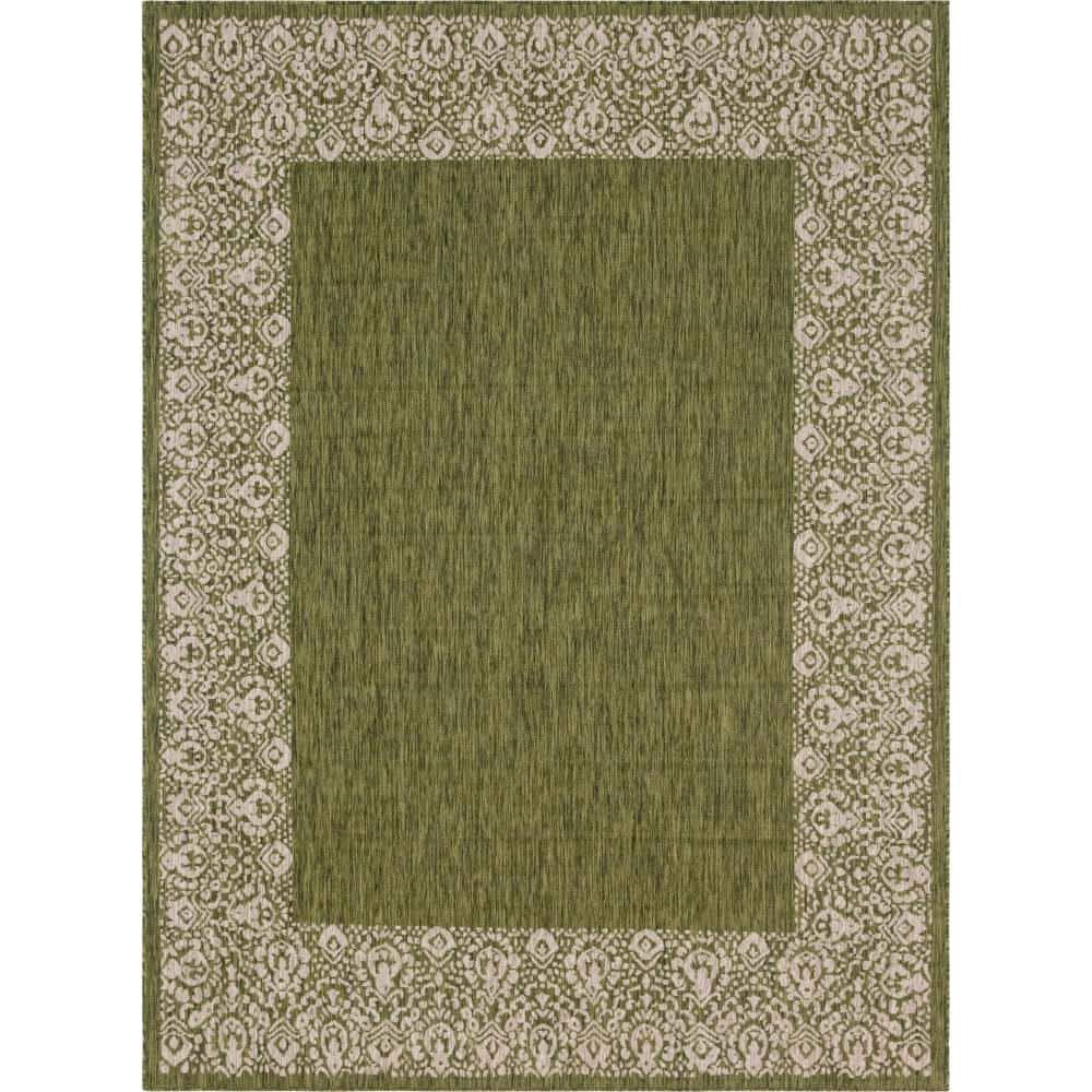 Unique Loom Outdoor Border Collection Area Rug - Floral Border (9' x 12' Rectangle Green/Ivory)