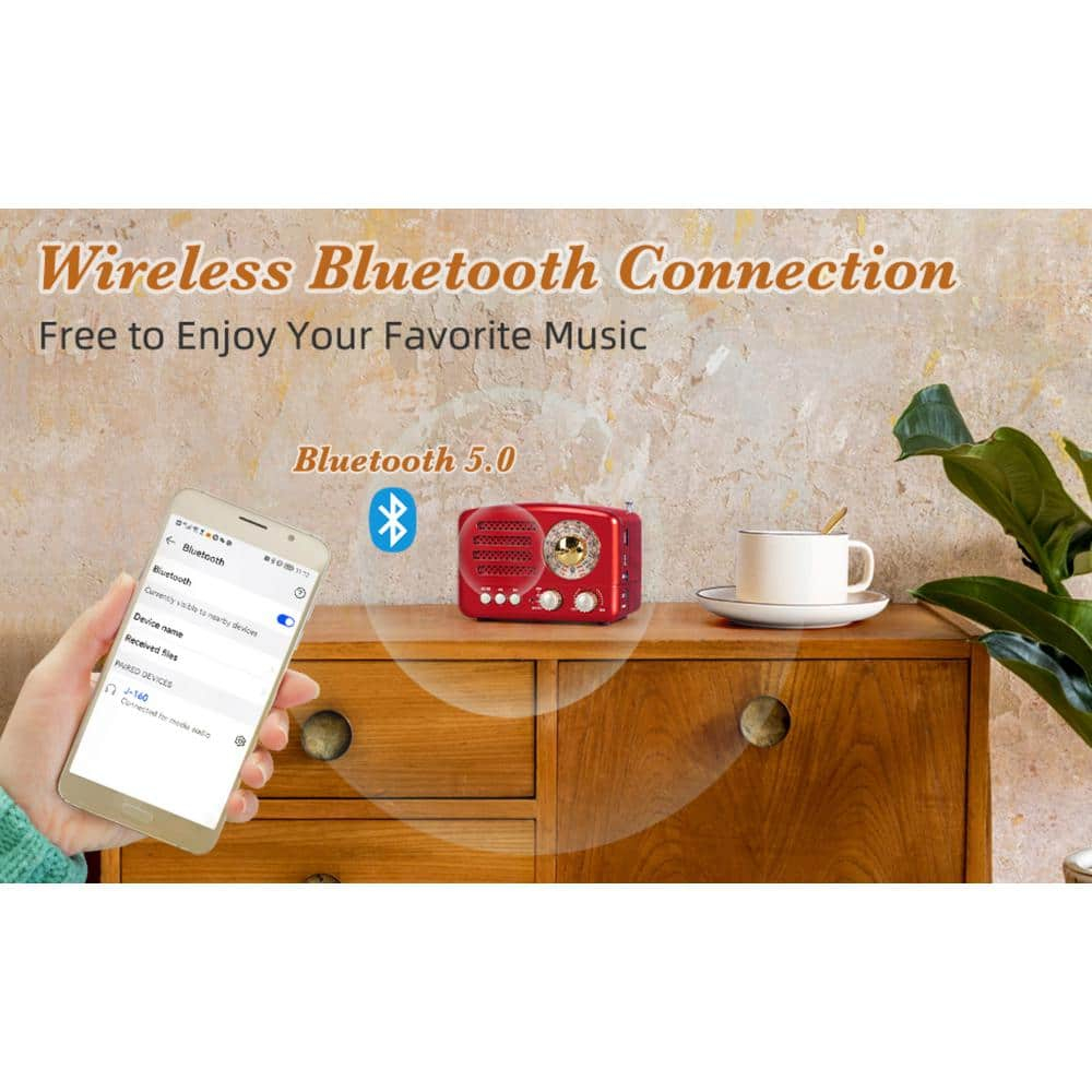 Retro Portable AM/FM Vintage Radio with Bluetooth, Transistor Radio Receiver, Rechargeable Battery, Support TF Card, AUX, USB, MP3 Player for Elder (Red)