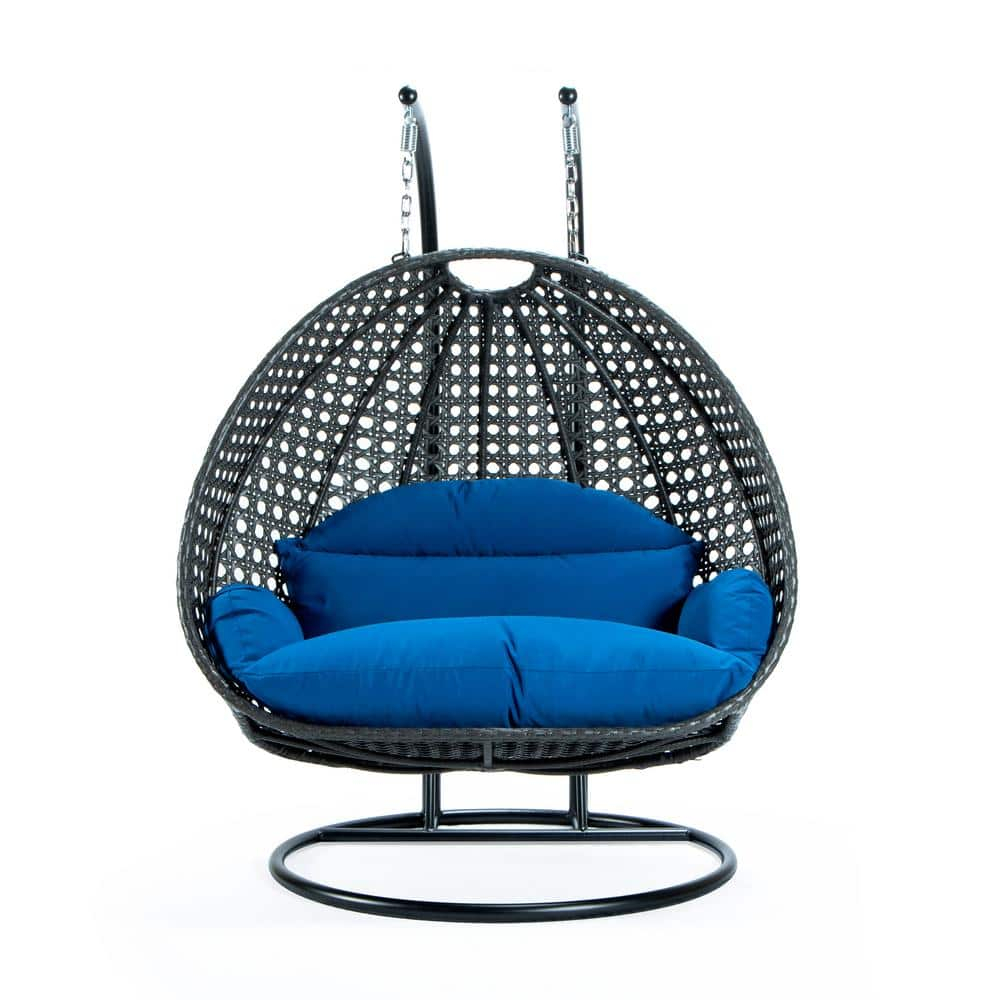 LeisureMod Charcoal Rattan Wicker Double 2 Person Egg Swing Chair with Stand, Blue Cushion