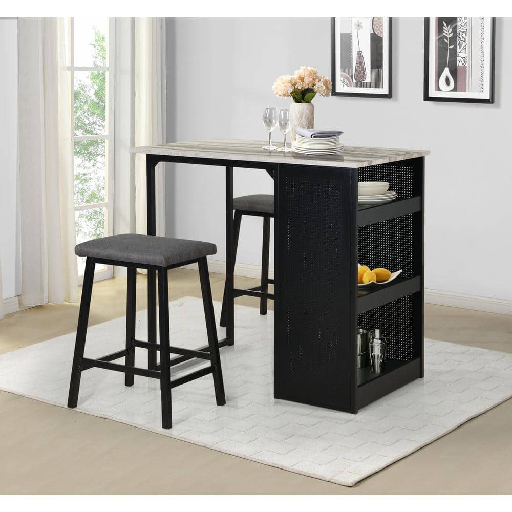 3 Piece Counter Height Faux Marble Dinette Set with Black Iron Metal Frame