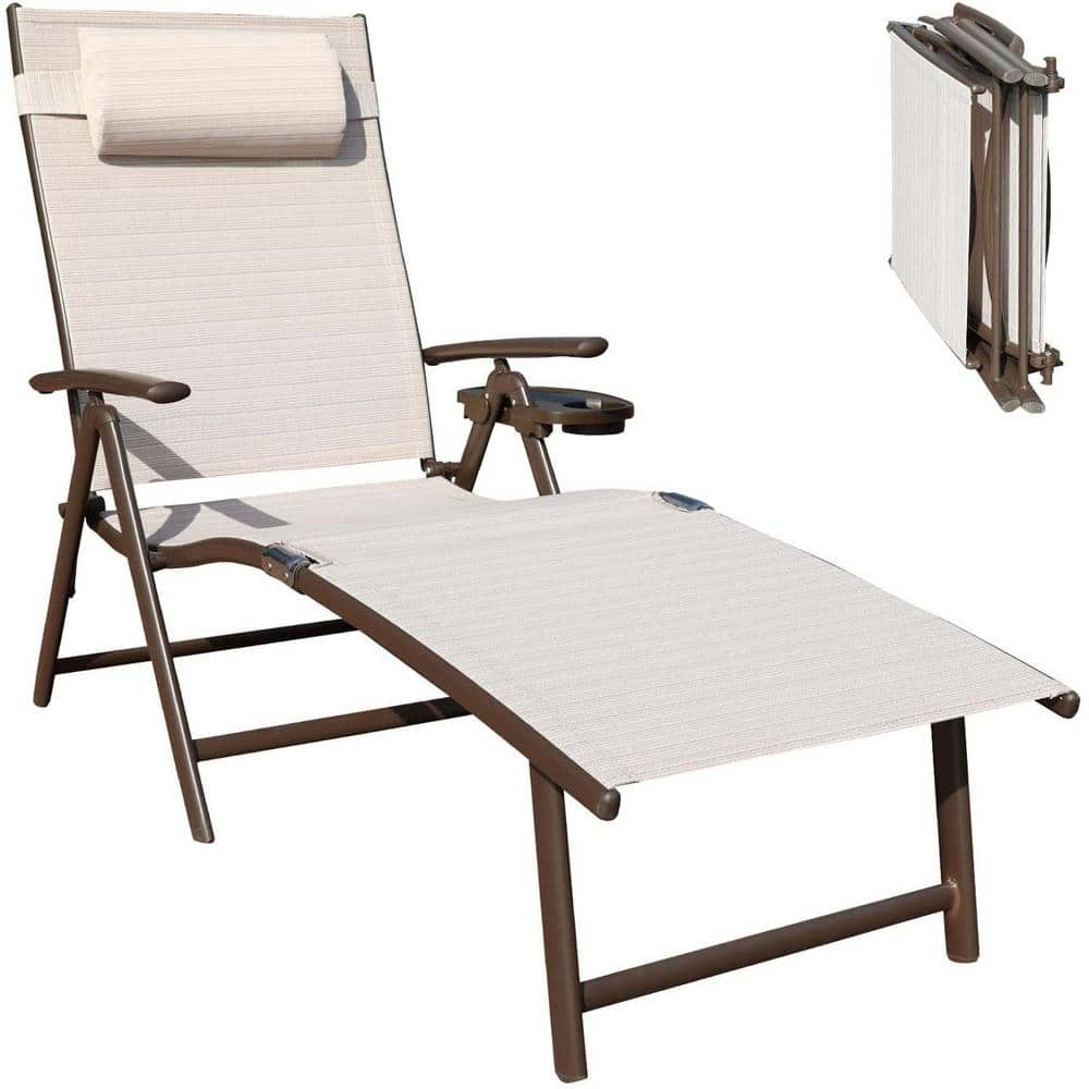 Kozyard Cozy Aluminum Reclining Lounge Chair - Perfect for Beach, Yard, Pool, Deck, and Patio - Outdoor Chaise Lounge with Drink Holder, Weather Free, Adjustable - Assemble-Free(1 Pack, Beige)