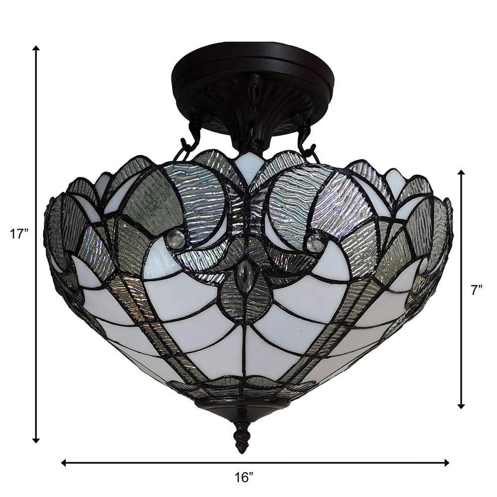 Tiffany Style 2 Light Vintage Semi-Flush Ceiling Lamp - 16" Wide