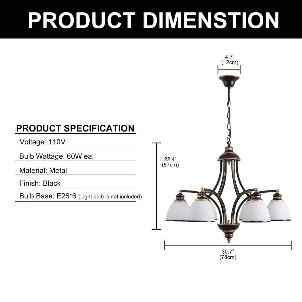 Modern 6-Light Chandelier With Frosted Shade,Metal Lights Fixture, Adjustable Height Pendant Lighting, Black Chandeliers for Dining Room Kitchen Island, Hanging Lights for Bedroom Farmhouse