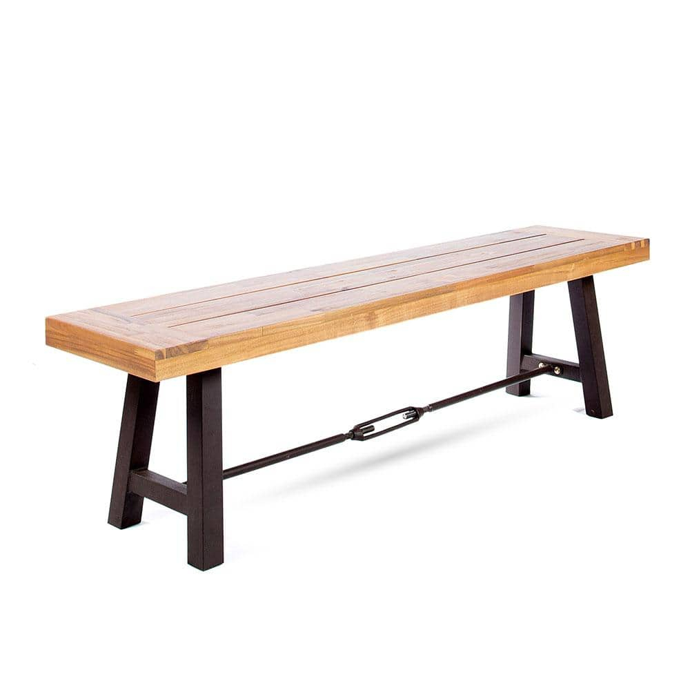 Rustic Black Steel and Acacia Wood Outdoor Bench