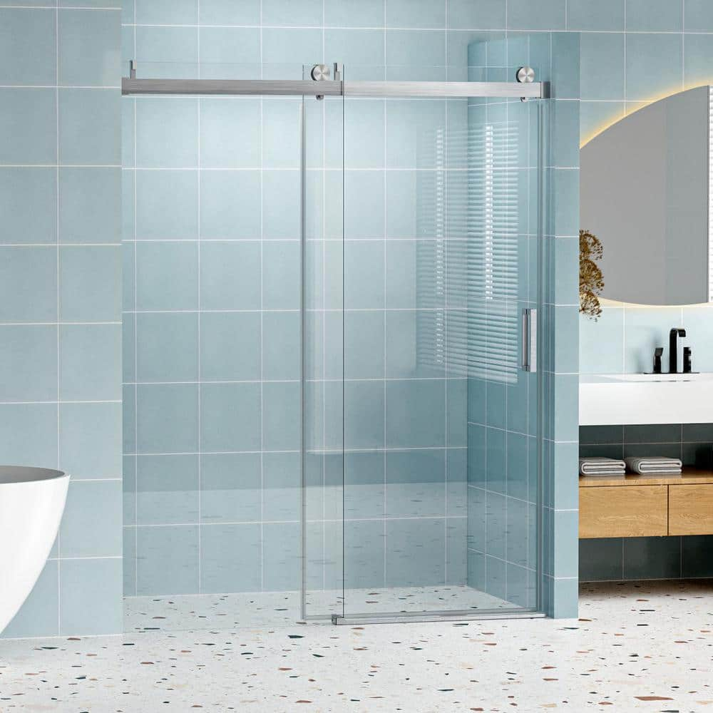 Gxcevsou 56-60“ *76” Frameless Soft Close Shower Door, 1/4” (6 mm) Tempered Glass Single Slide with Explosion Proof Coating, Reversible Installation