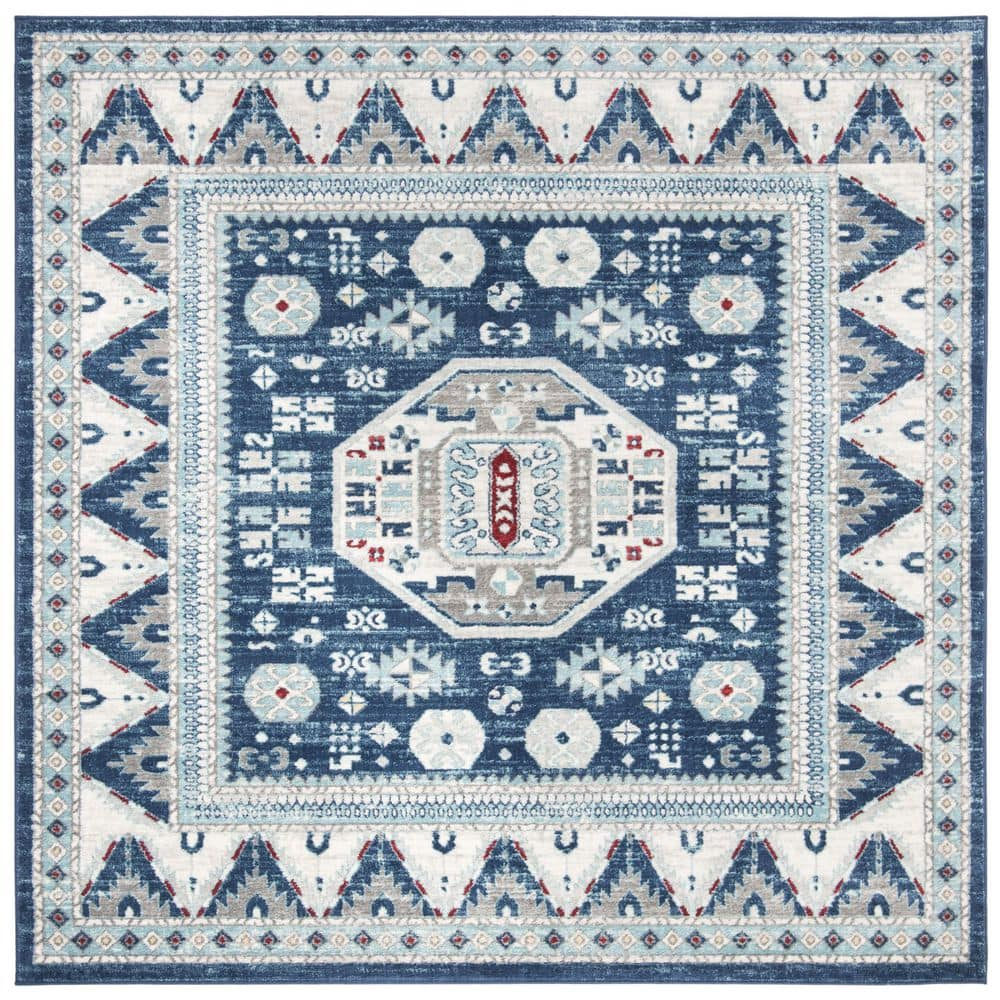 SAFAVIEH Kazak Diarmait Geometric Area Rug, Blue/Cream, 6'7" x 6'7" Square