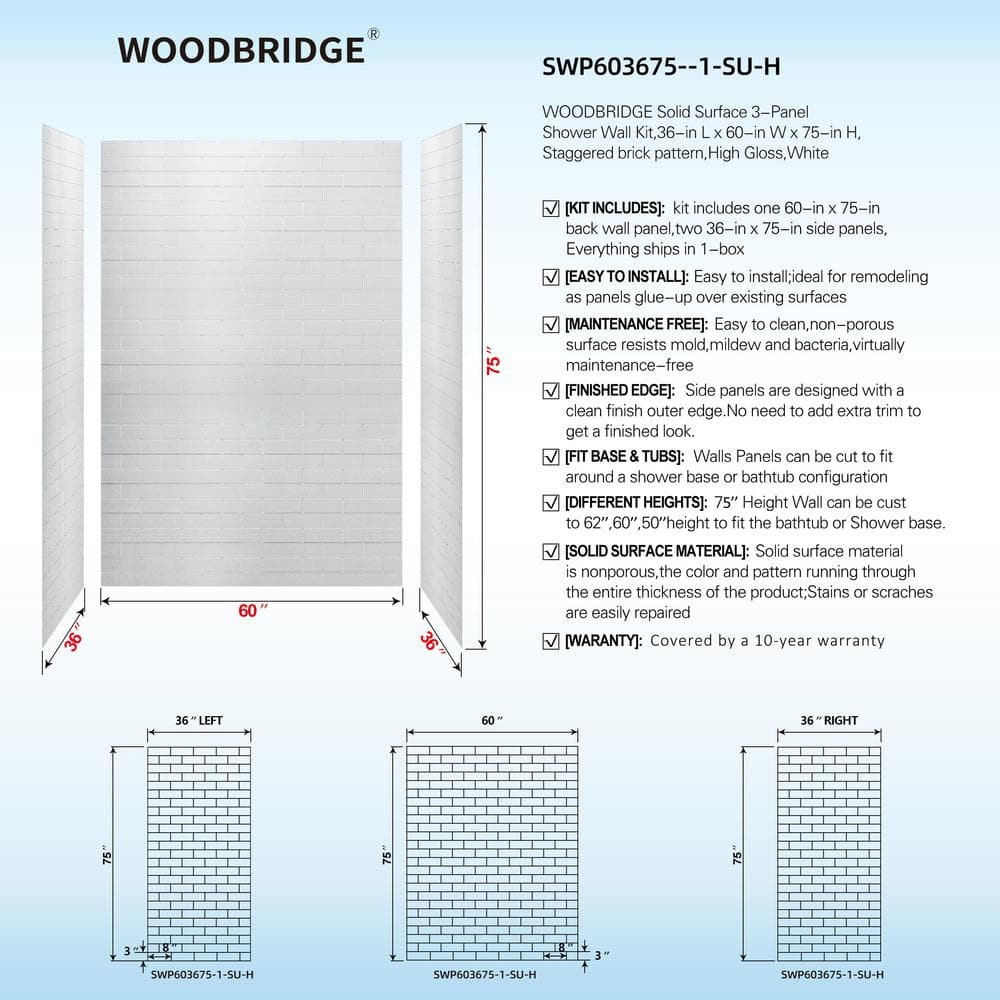 60 in. L x 36 in. W x 75 in. H 4-Pieces Alcove Shower Kit with Glue Up Shower Wall and Shower Pan in White and Black/BN