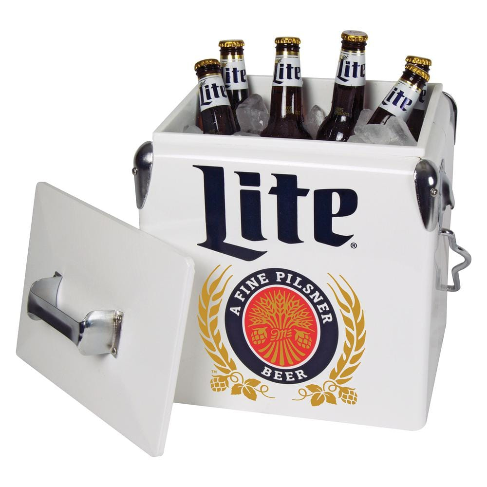 Miller Lite Retro Ice Chest Cooler with Bottle Opener 13L (14 qt), White and Blue