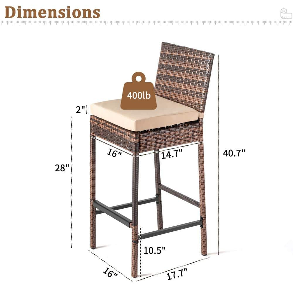 Off-white Cushioned Iron and Rattan Outdoor Bar Stools, Set of 2