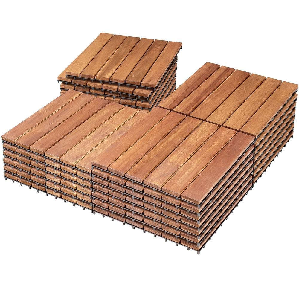 PrimeZone 27 PCS Solid Acacia Wood Interlocking Patio Deck Tiles - 12" x 12" Indoor Outdoor Waterproof Flooring Tiles for Balcony, Backyard, Garden & Poolside, All Weather Use, Brown