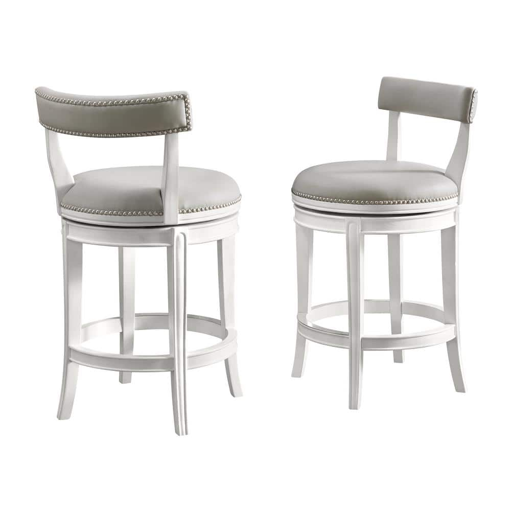 Alaterre Hanover Swivel Bar Height Stool, White and Gray, 30-Inch Seat Height, Solid Rubberwood Frame with Faux Leather Upholstery, Nailhead Trim, Memory Return Swivel, Ideal for Kitchen, Dining Area, Set of 2