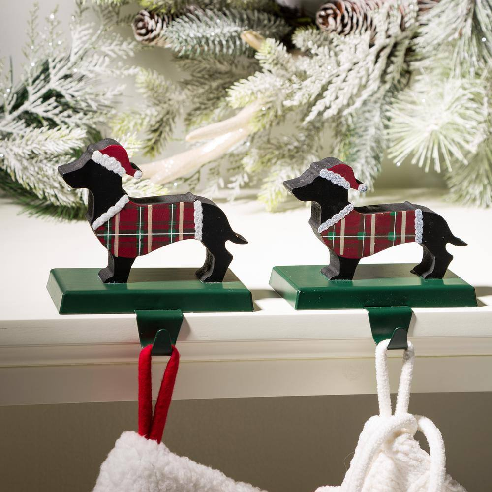 Plaid Dachshund Wooden and Metal Christmas Stocking Holders, Set of 2