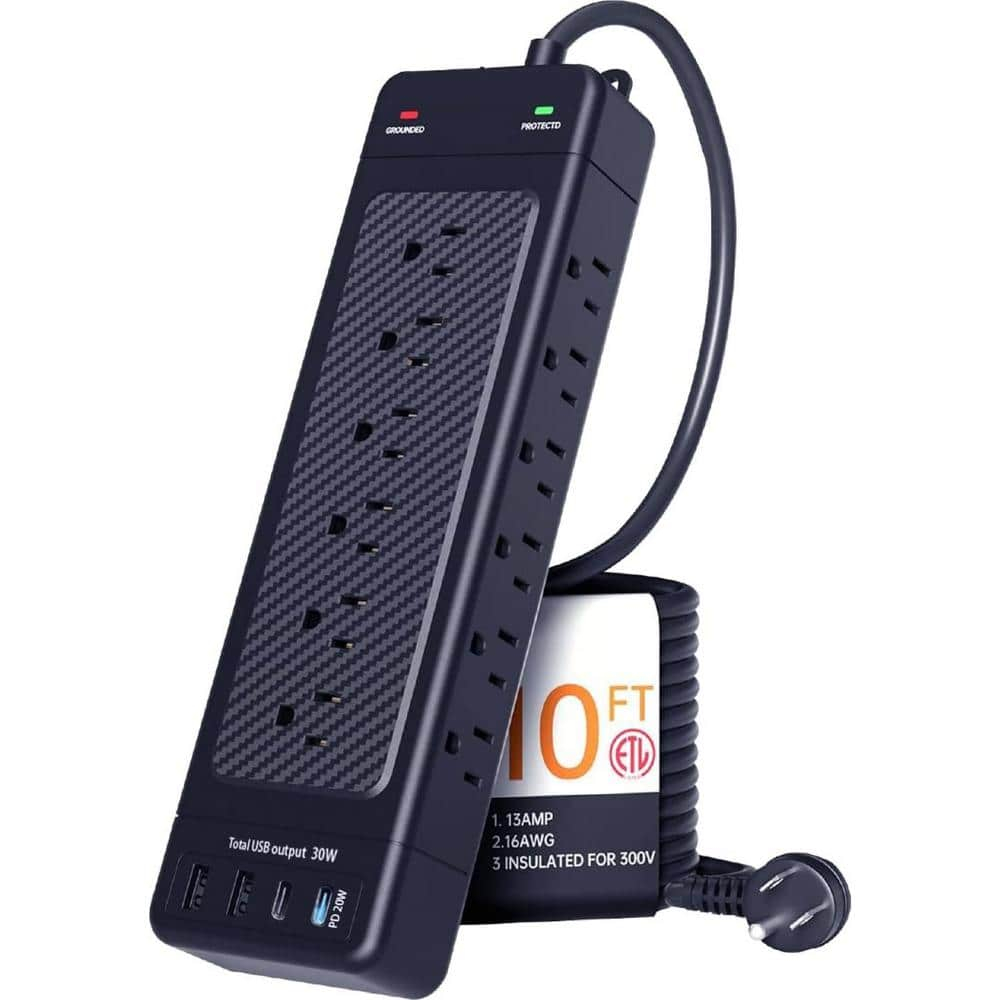 Surge Protector Power Strip 10 ft Cord Heavy Duty High Joules Surge Protection (4800J),18AC,4 USB Ports (2A+2C PD20W Total 37W),1875W 15A,for Commercial,Industrial,Office,Home,College,Black